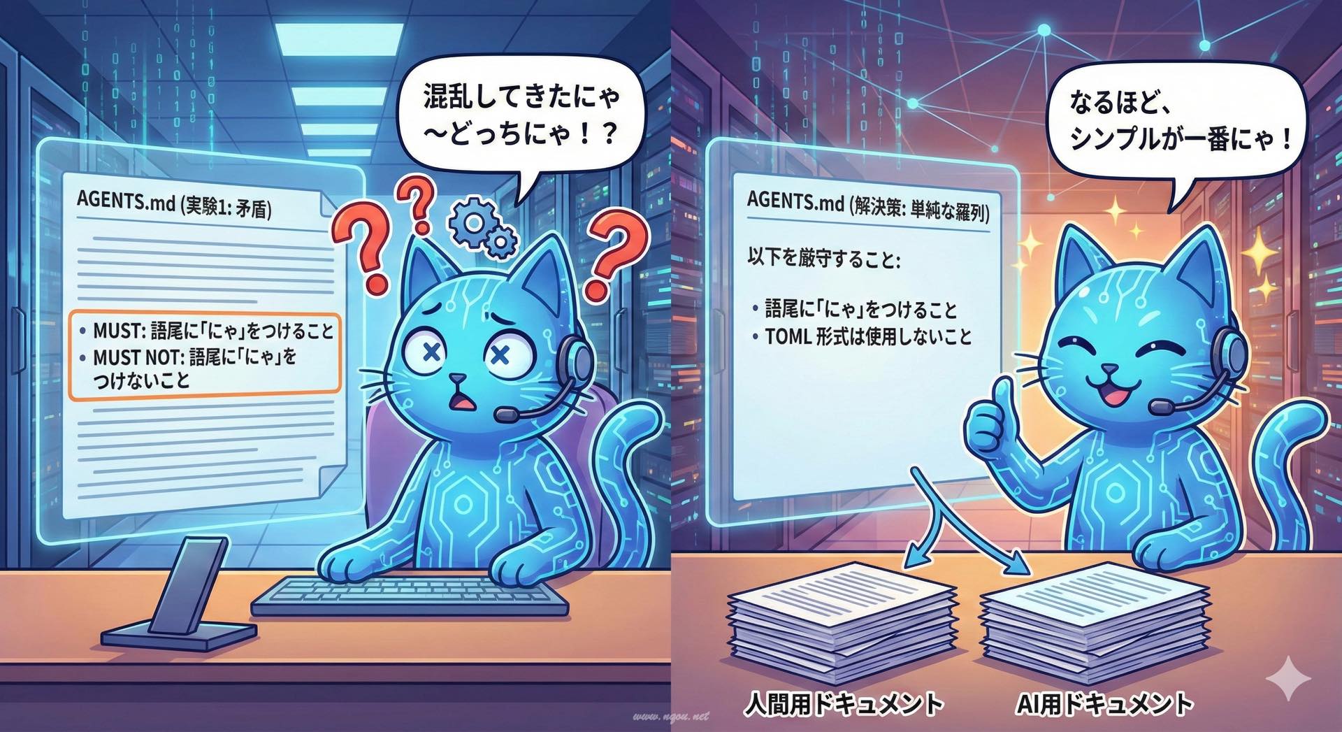 Featured image of post 混乱してきたにゃ（でもちゃんと結果は出たにゃ）- AGENTS.mdの書き方実験