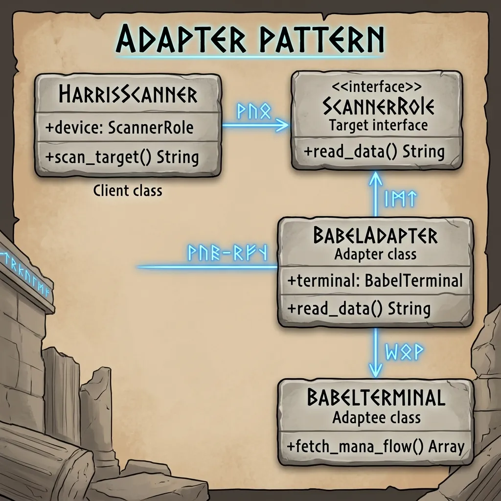 ClientであるHarrisScannerがScannerRoleを通じてBabelAdapter経由でBabelTerminalにアクセスする様子を描いたクラス構成図(古代遺跡の石板風デザイン)
