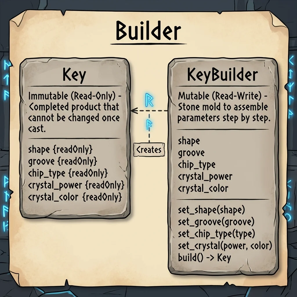 Builderパターンのクラス図: KeyBuilderが一時的にパラメータを保持し、build()でImmutableなKeyを生成する構造