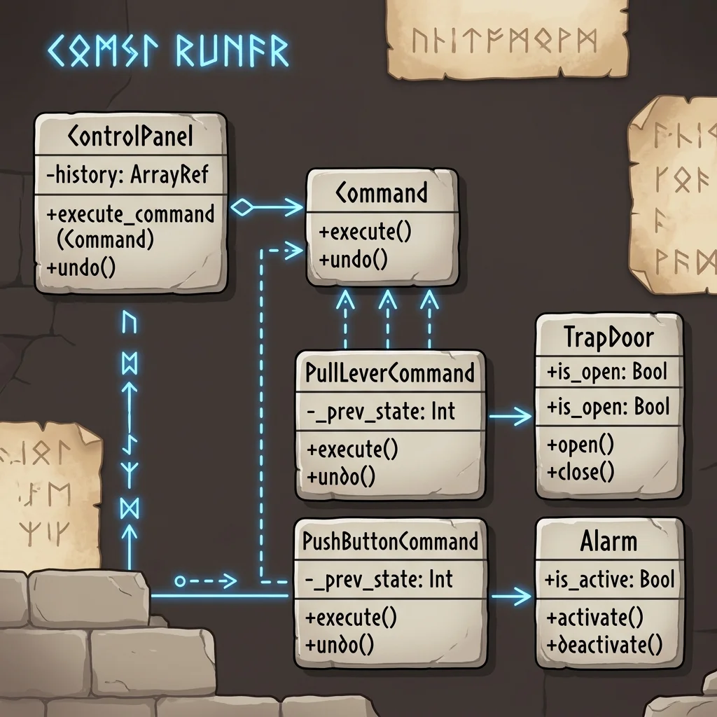 Commandパターンのクラス図: 送信元であるControlPanelと、受信者であるTrapDoor/Alarmの間にCommandインターフェースを介在させ、要求をカプセル化することで疎結合にする構成を描いた古代遺跡の石板風デザイン。