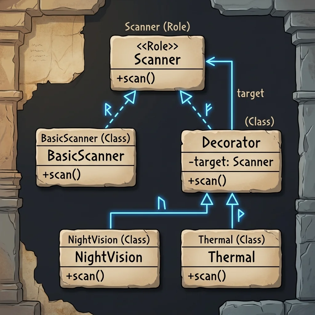 Decoratorパターンを表現した、古代遺跡の石板テーマのクラス図。一番上中央に共通の役割(Moo::Role)である「Scanner(+scanメソッド)」の石板があります。その左下には具象クラス「BasicScanner(+scanメソッド)」の石板があり、Scannerへ向かって破線矢印で「実装」関係が示されています。右下には、ラッパーとなる「Decorator(target属性、+scanメソッド)」の石板があり、Scannerへ向かって破線矢印で「実装」関係を示しつつ、Scannerへ向かって実線矢印で「委譲(target)」の依存関係を示しています。さらにDecorator石板の下には、具象デコレータである「NightVision(+scanメソッド)」と「Thermal(+scanメソッド)」の石板が並んでおり、それぞれDecoratorへ向かって実線矢印で「継承」関係を示しています。全体は風化した石板と、その間を繋ぐ青く発光するラインで構成されています。