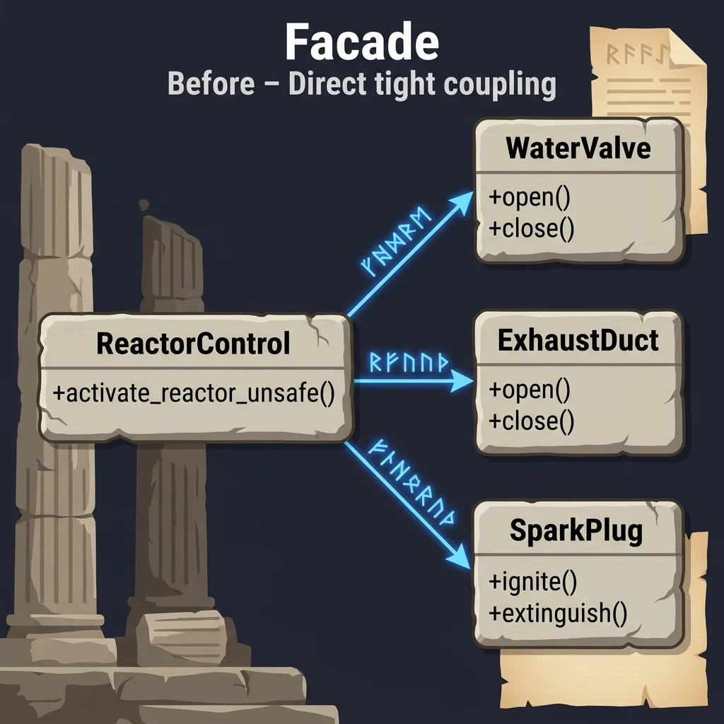 Before: ReactorControlが3つのサブシステム（WaterValve, ExhaustDuct, SparkPlug）へ直接アクセスし、密に結合している状態を示すクラス図