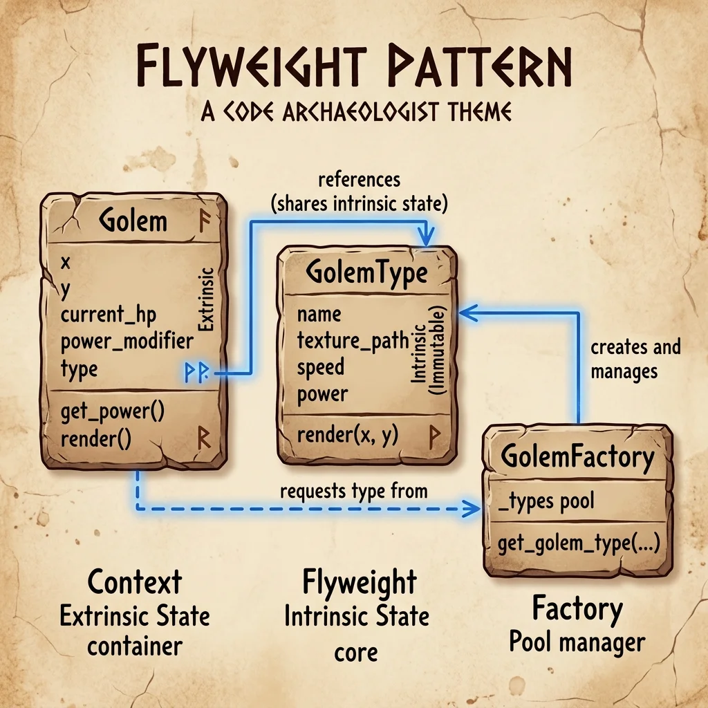 Flyweightパターンのクラス構成図。泥の器となる『Golem(Context)』、魂の石板である『GolemType(Flyweight)』、召喚炉である『GolemFactory』の関係を示した石板風のダイアグラム。