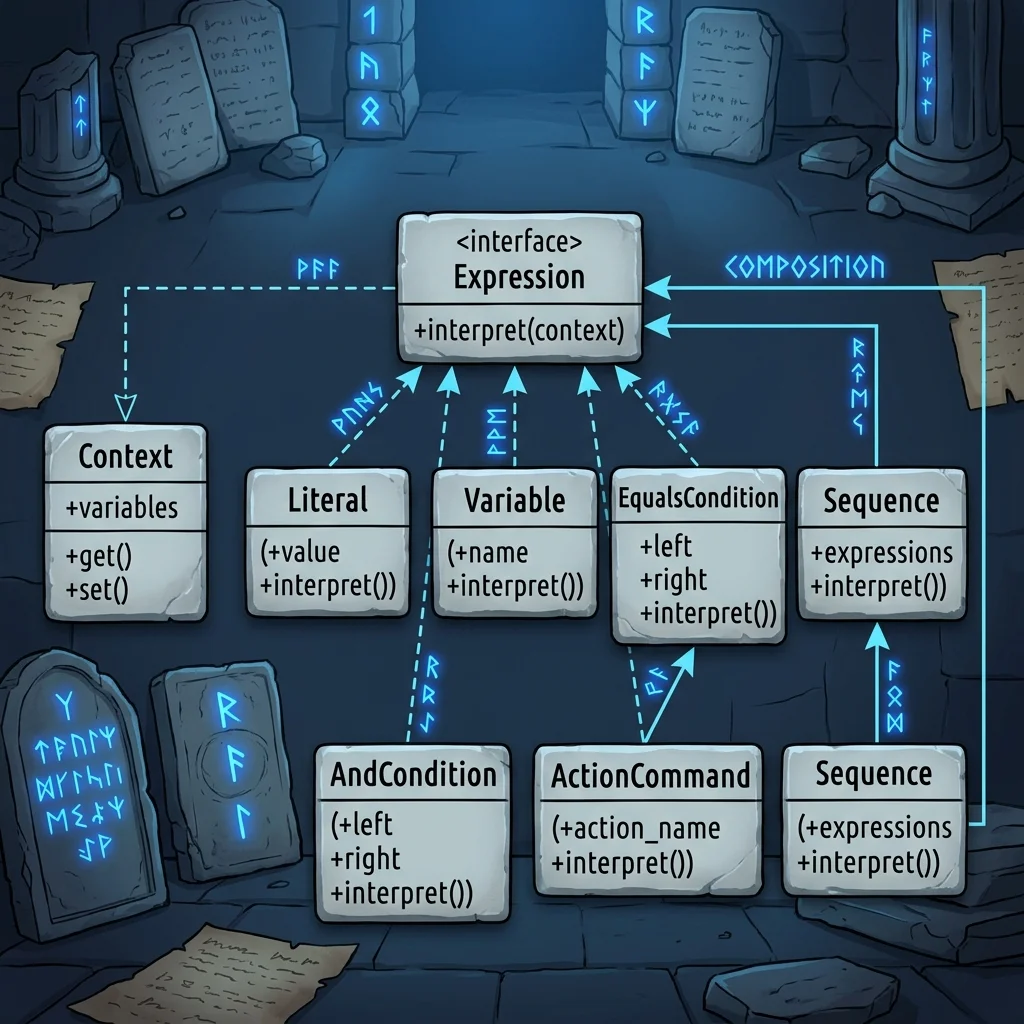 Interpreterパターンのクラス図: 抽象式（Babel::Expression）と終端式（Literal/Variable）、非終端式（EqualsCondition/AndCondition/ActionCommand/Sequence）の構成および関係性を表した古代遺跡の石板風デザイン