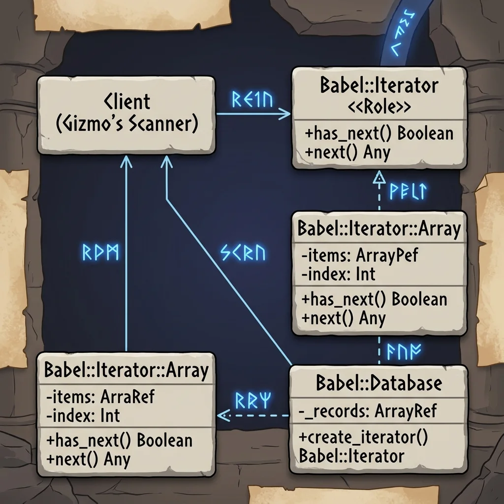 Iteratorパターンのクラス図: クライアントが共通インターフェースIterator（Babel::Iterator）を通じてコレクションの内部構造に依存せず走査する構成を描いた古代遺跡の石板風デザイン