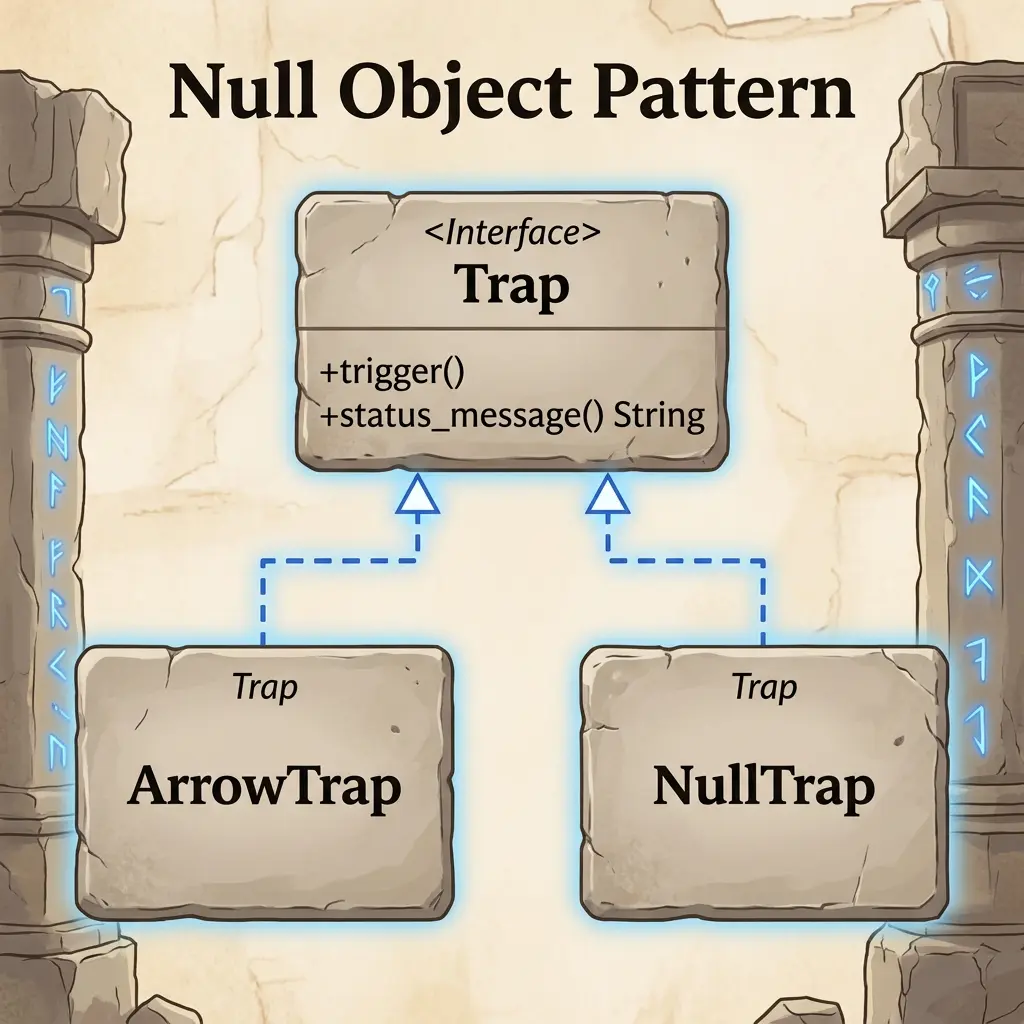 Null Objectパターンのクラス図: Trapロールと、それを実装するArrowTrapおよびNullTrapの構成を示す石板のレリーフ