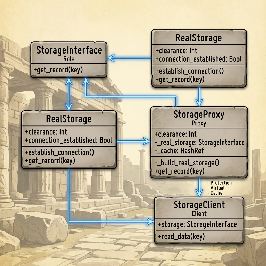 Proxyパターンのクラス図: クライアントがStorageInterfaceを介してStorageProxyおよびRealStorageとやり取りし、遅延ロード、アクセス制限、キャッシュを実現する構造