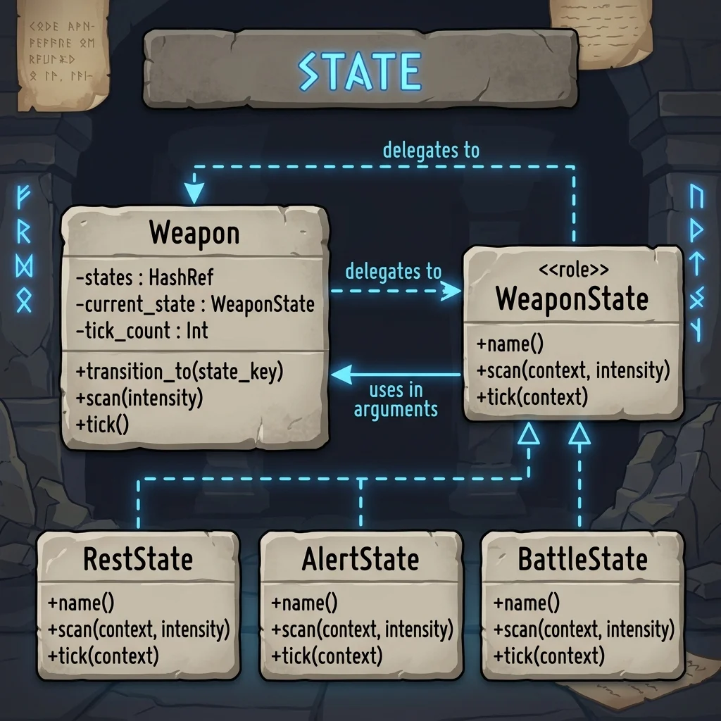 古代遺跡 of the stone tablet showing the class diagram of the State design pattern applied to a defense weapon system. Weapon class delegates to WeaponState role, implemented by RestState, AlertState, and BattleState.