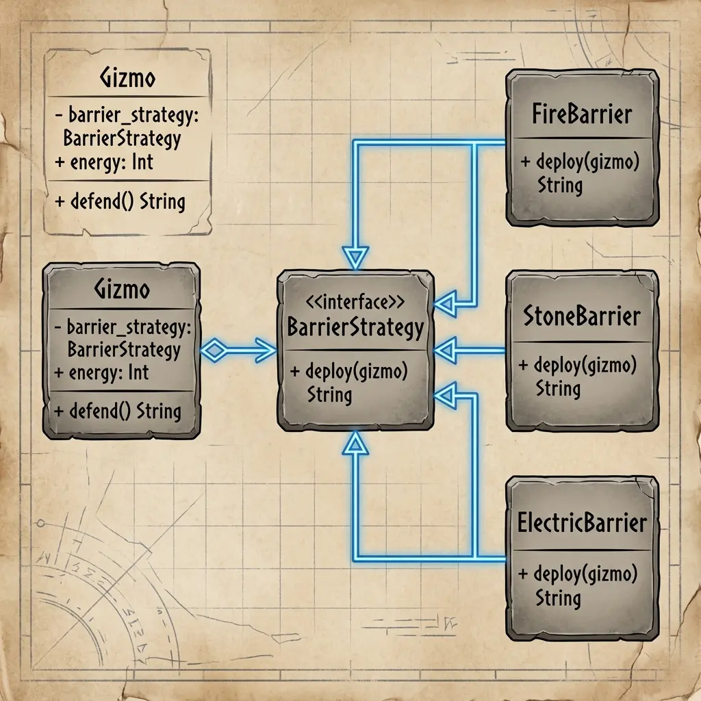 Strategyパターンのクラス構成図。ContextであるGizmoがBarrierStrategyロール(Interface)を保持し、FireBarrier、StoneBarrier、ElectricBarrier(ConcreteStrategy)がそれを実装してバリアを動的に切り替える構造を描いた古代遺跡の石板風デザイン。