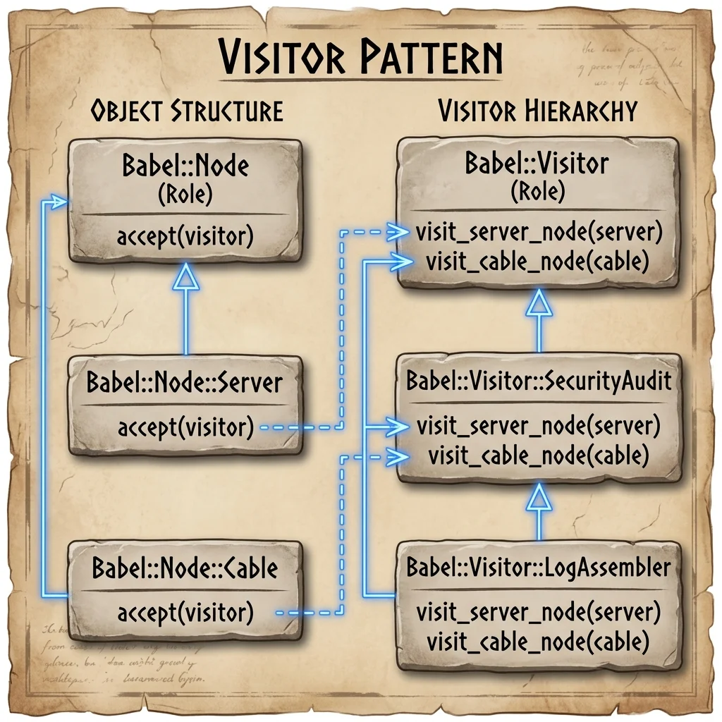 Visitorパターンのクラス図: クライアントが共通インターフェースVisitor（Babel::Visitor）およびNode（Babel::Node）を通じてダブルディスパッチを行い、ノードを監査する構造を描いた古代遺跡の石板風デザイン