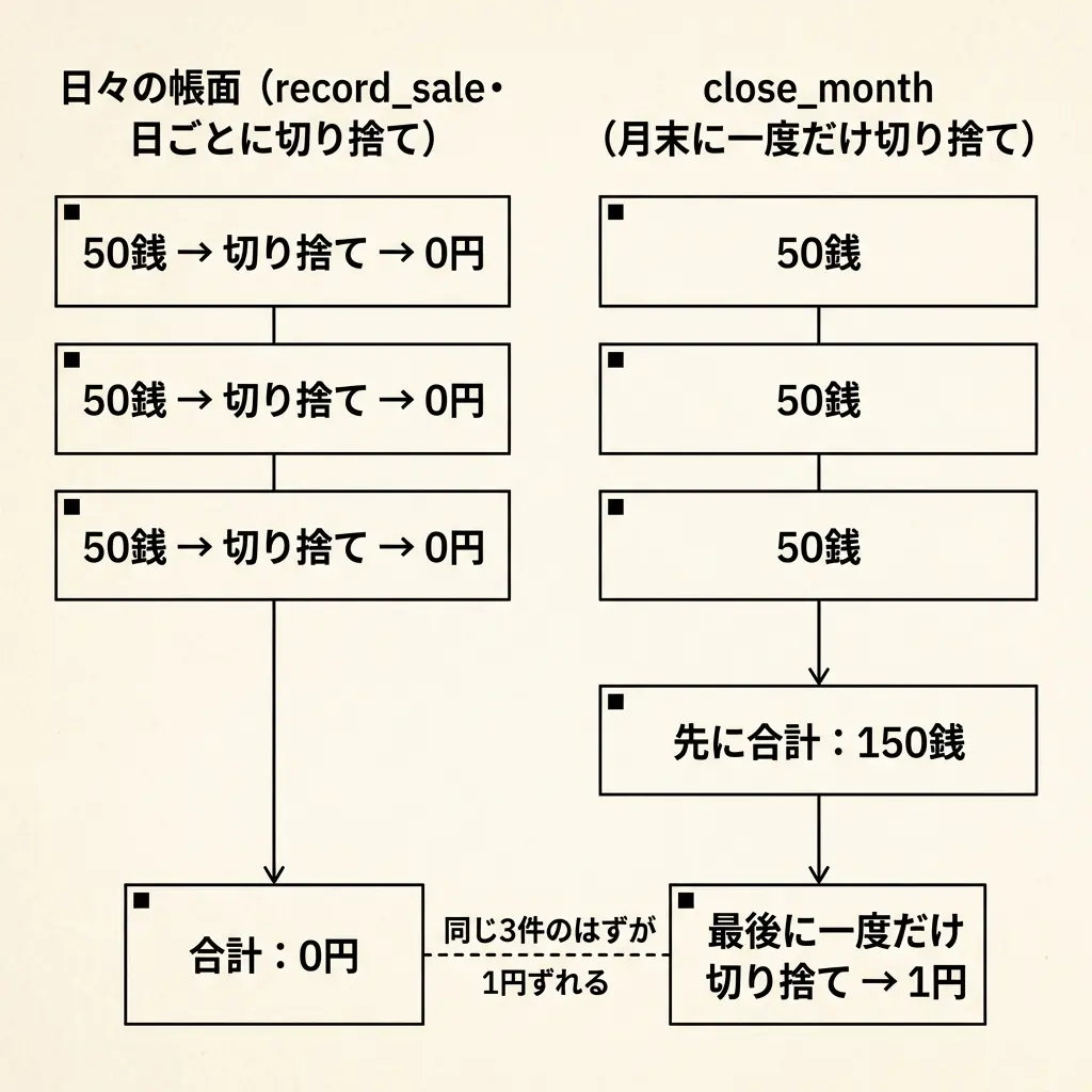 日々の帳面（日ごとに切り捨て）とclose_month（月末に一度だけ切り捨て）の対比図。同じ3件のはずが1円ずれることを示す