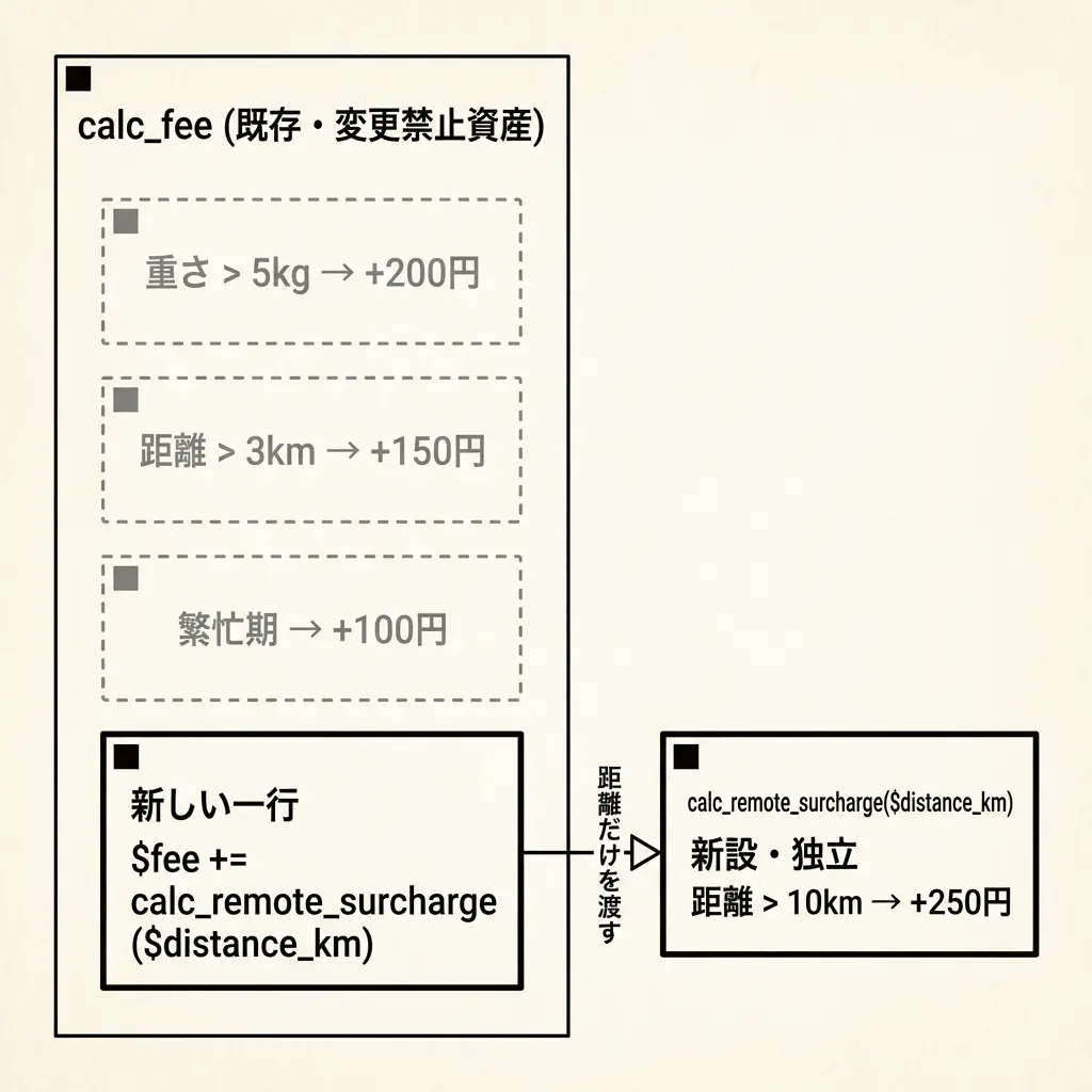 calc_feeの構造図。重さ・距離・繁忙期の3条件は灰色破線で変更なしを示し、新しい呼び出し一行が実線でcalc_remote_surchargeへ矢印を引く。calc_remote_surchargeは距離だけを受け取る独立した新設カード