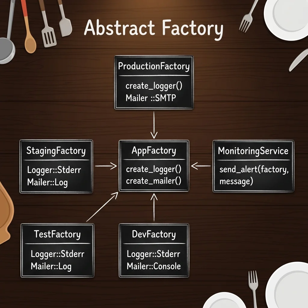 Abstract Factoryパターンのクラス構成図。MonitoringService（Client）がAppFactoryロール（Abstract Factory）を参照し、ProductionFactory、StagingFactory、TestFactory、DevFactory（Concrete Factory）がそれを実装する構成を示しています。
