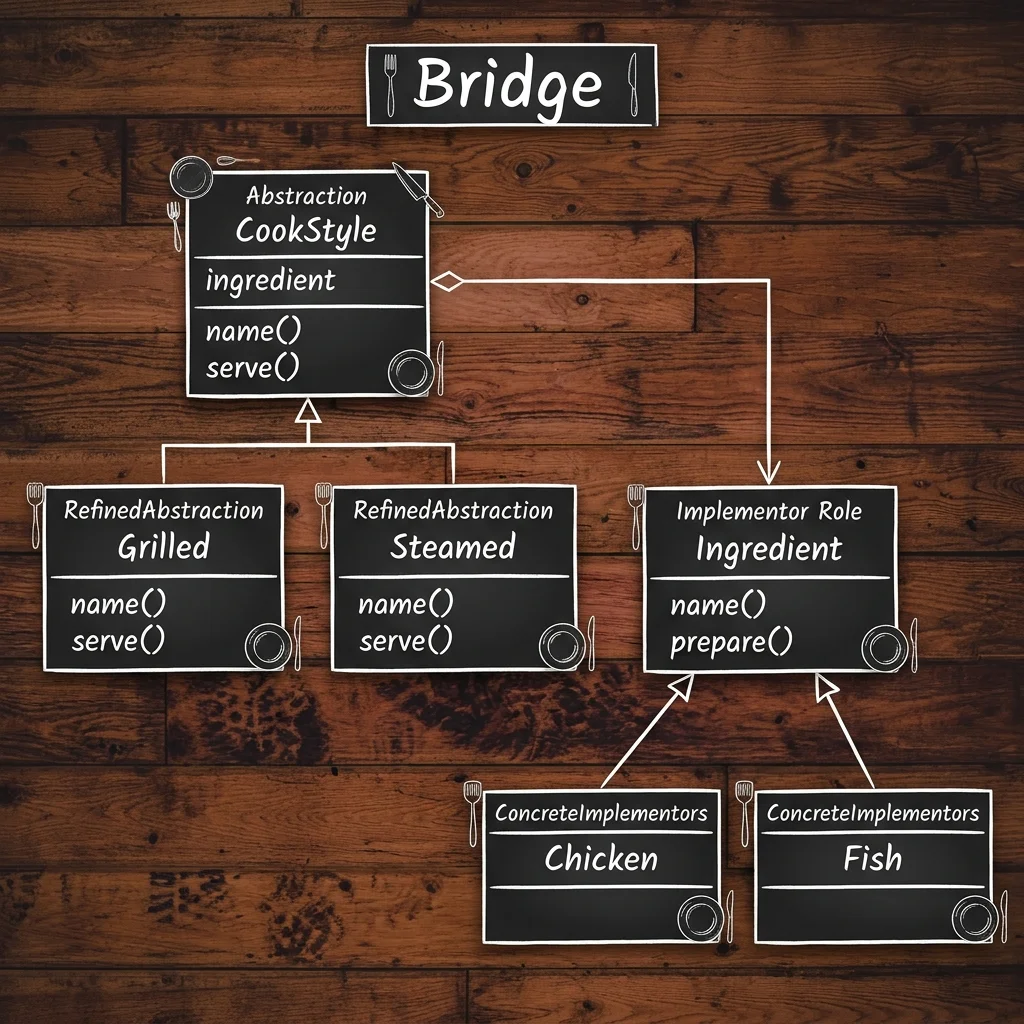 Bridgeパターンのクラス構成図。CookStyle(Abstraction)がIngredientロール(Implementor)を保持(has)し、Grilled、Steamed(Refined Abstraction)がCookStyleを継承、Chicken、Fish(Concrete Implementor)がIngredientを実装する構成を示しています。