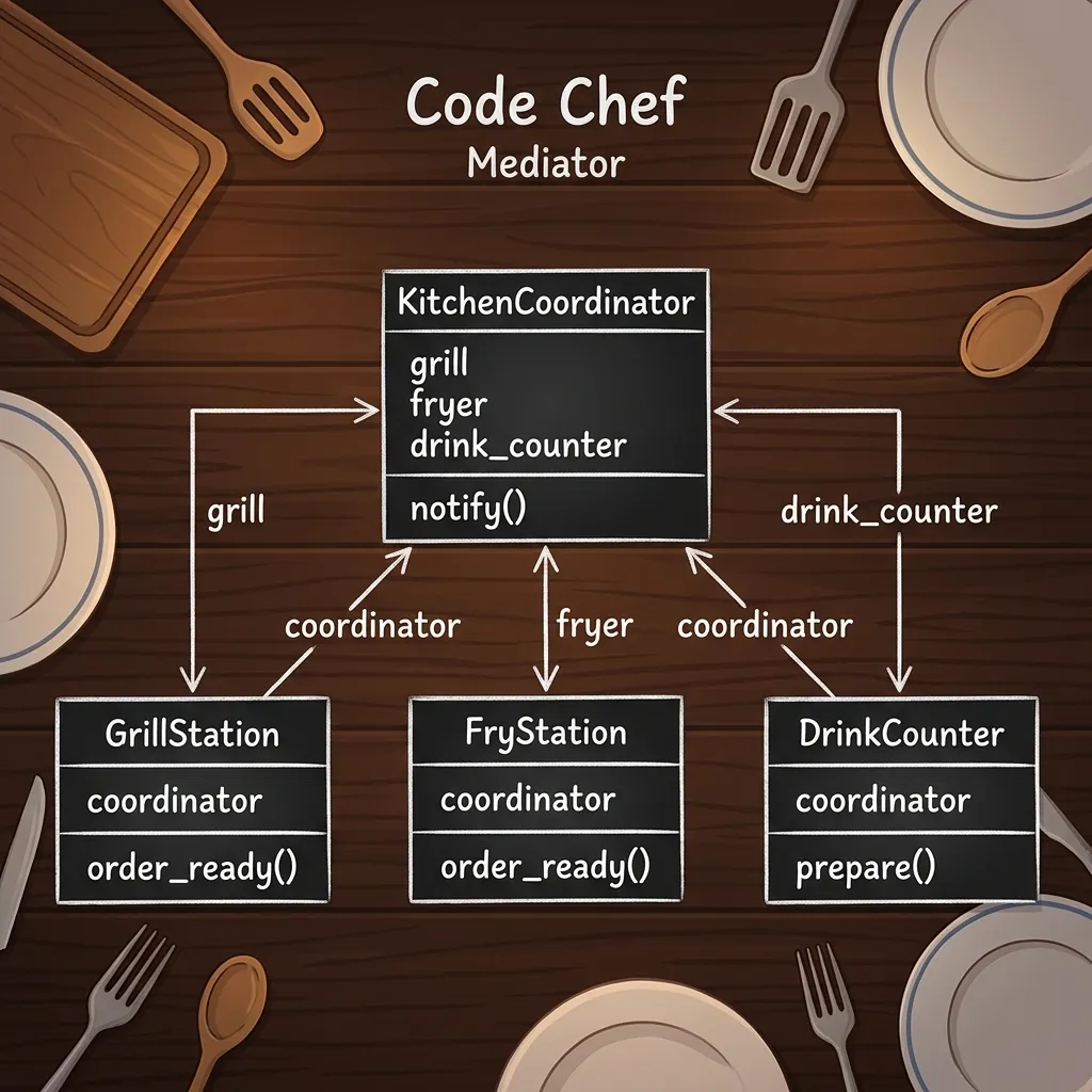 After: KitchenCoordinatorがすべての仲介を行うスター型構造(Mediatorパターン)のクラス図