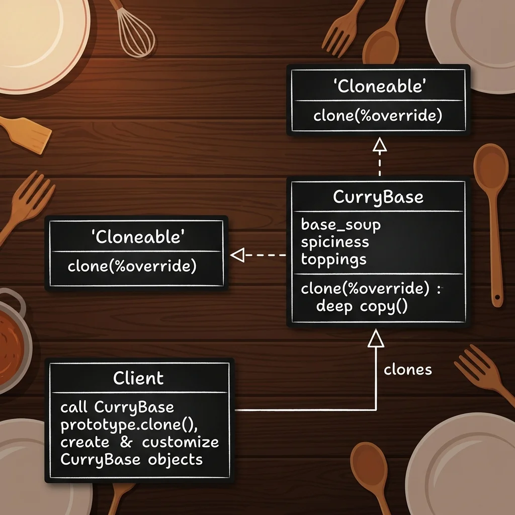 Prototypeパターンのクラス構成図。CurryBase(Concrete Prototype)がCloneableロール(Prototype)を実装し、Clientがそのインスタンスをディープコピー(clone)して新しいオブジェクトを生成する関係を示しています。