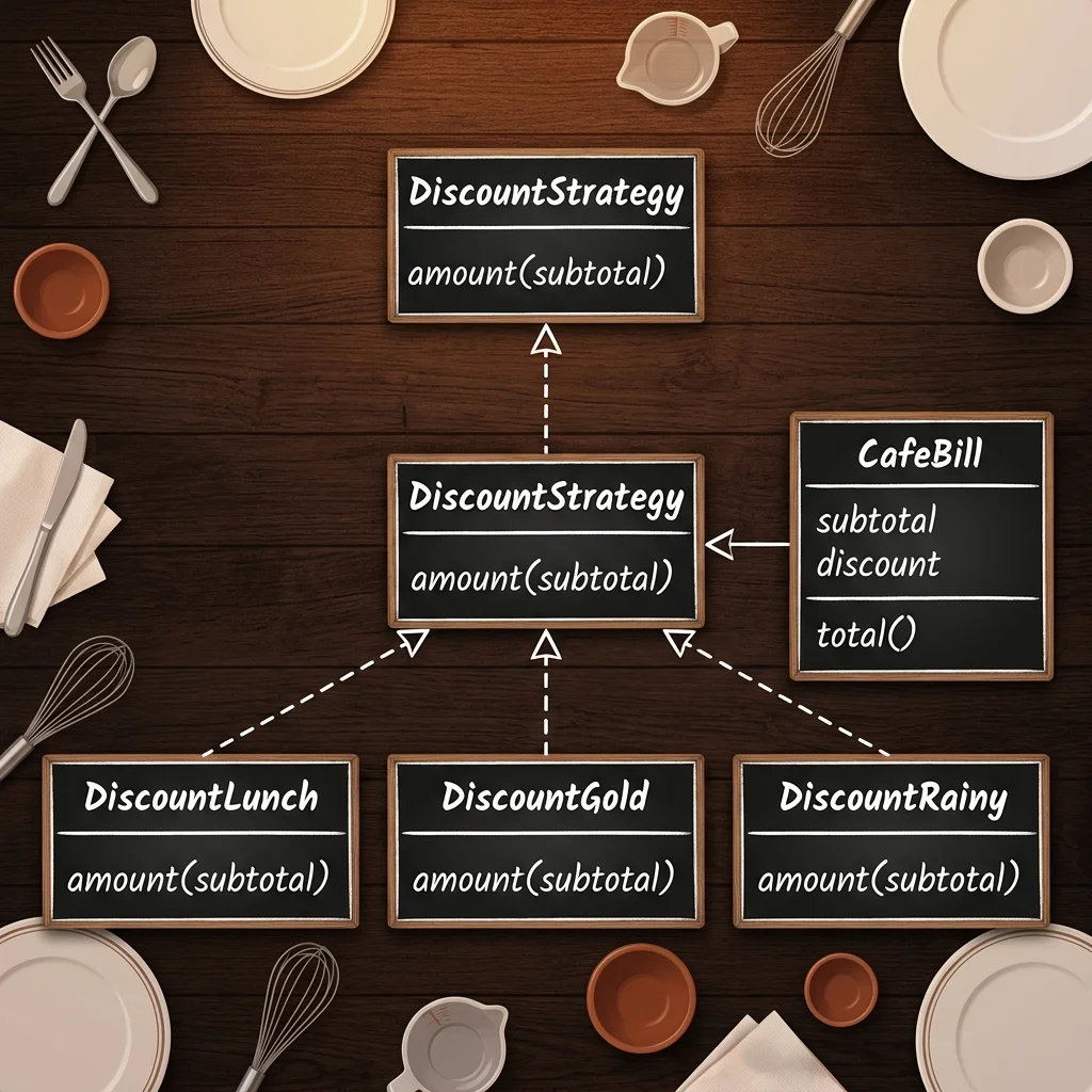 Strategyパターンのクラス構成図。CafeBill(Context)がDiscountStrategy(Interface/Role)を参照し、DiscountLunch、DiscountGold、DiscountRainy(ConcreteStrategy)がそれを実装する構成を示しています。