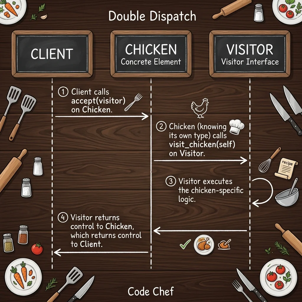 Visitorパターンのダブルディスパッチシーケンス図。ClientがChickenオブジェクトのaccept(visitor)を呼び出し、Chickenが自己の型を把握してVisitorのvisit_chicken(self)を呼び出すことで、型に応じた処理を動的実行する流れを示しています。