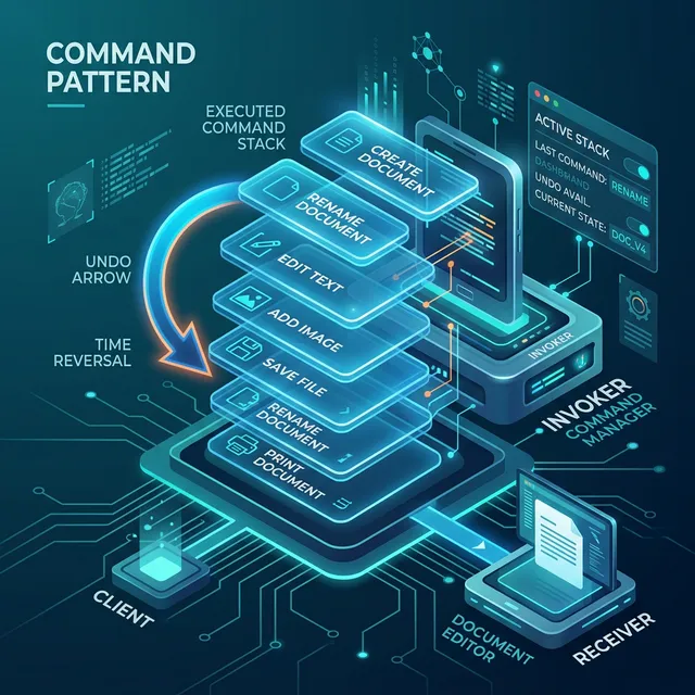 Commandパターンの概念図。Invokerがコマンドをスタックに積み上げ、問題が起きれば逆順にUndoを実行していく、フラットでモダンなTechデザイン。