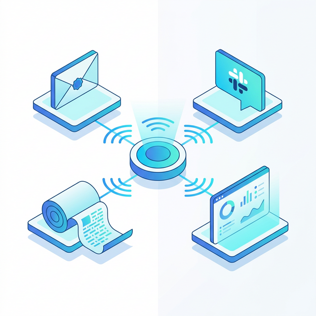 Observerパターンの概念図。中央のSubjectが通知信号を発信し、メール・ログ・ダッシュボードの各Observerが独立して反応する、フラットでモダンなTechデザイン。