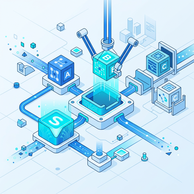 抽象的なStrategyパターンの概念図。中央の制御ユニットが交換可能なアルゴリズムモジュールを知的に入れ替えている、フラットでモダンなTechデザイン。