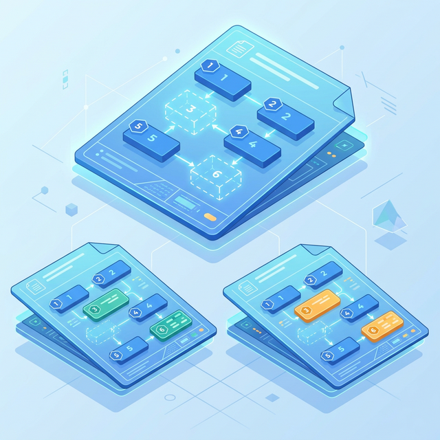 Template Methodパターンの概念図。親の設計図の手順を受け継ぎ、子がそれぞれの個性で差分を埋めている、フラットでモダンなTechデザイン。