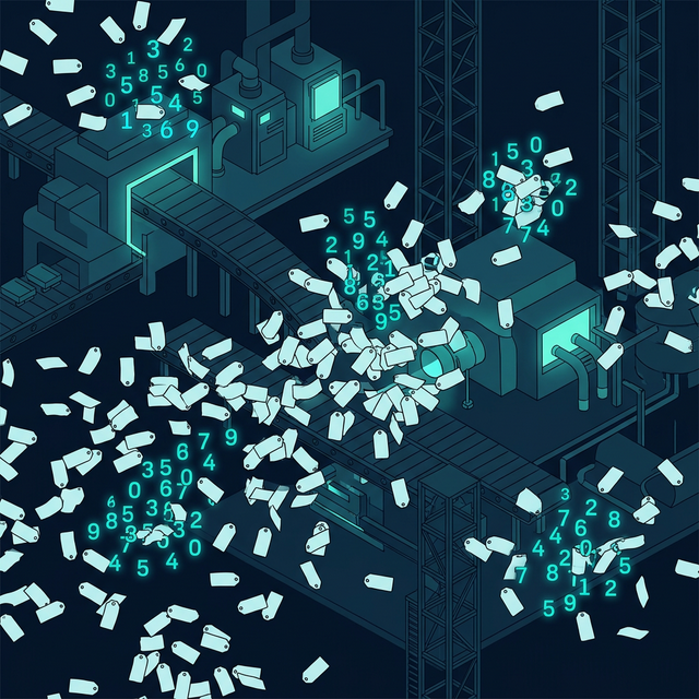 様々な型（文字列や数値）が制御不能に飛び交い、予期せぬ型変換を引き起こしている混沌としたデータ処理の概念図