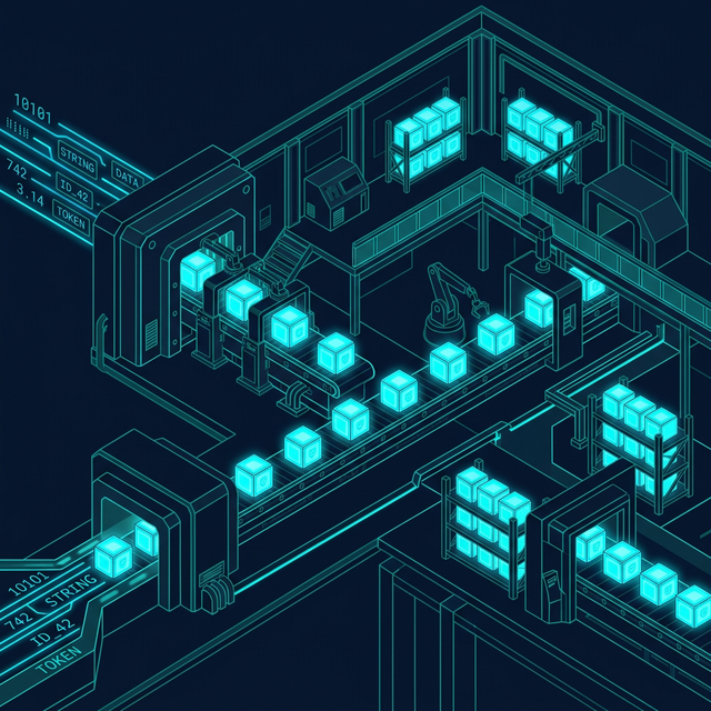生のデータが整然としたValue Objectという強固なブロックに格納され、安全に型が保証された状態で運ばれていく概念図