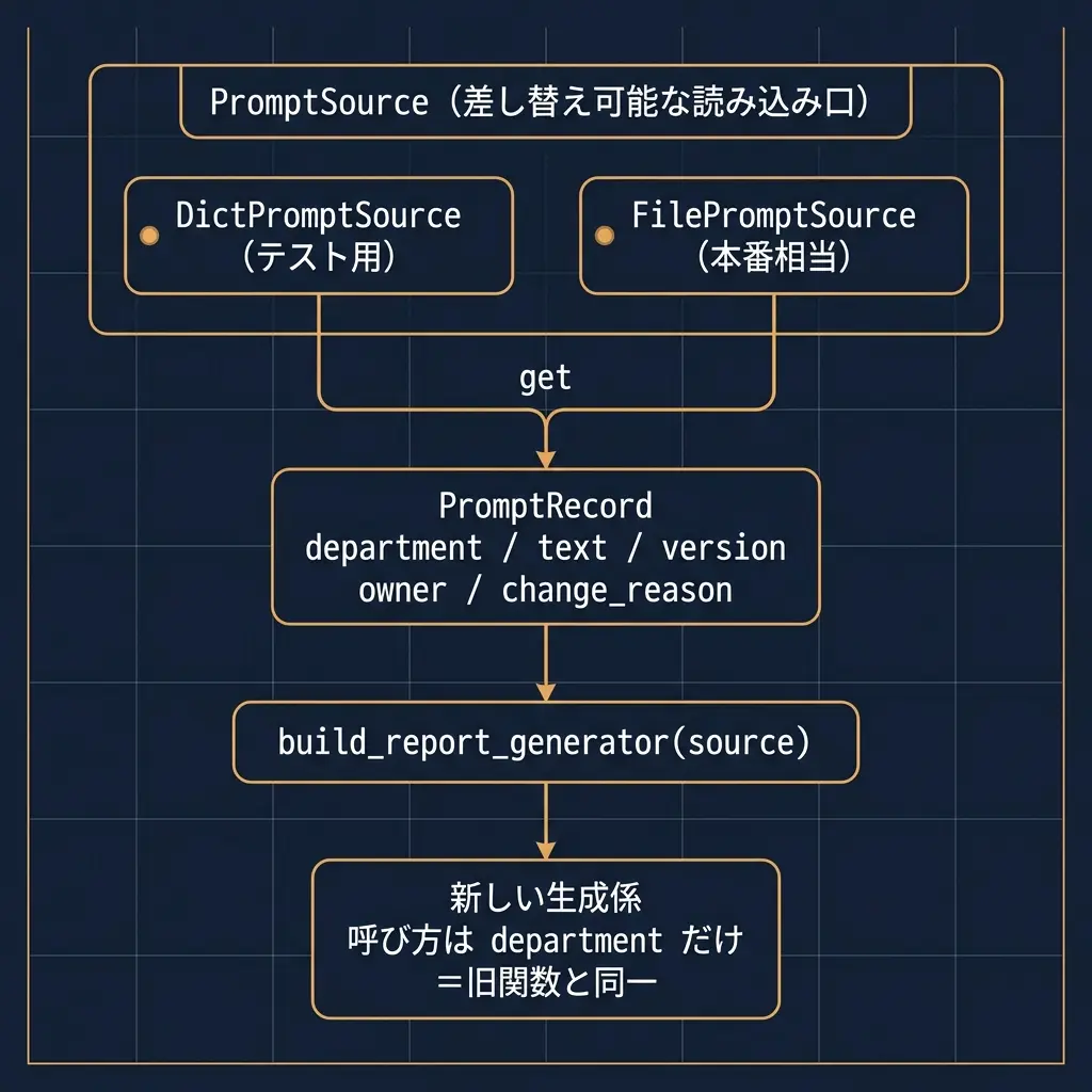 PromptSource(差し替え可能な読み込み口)の中にDictPromptSource(テスト用)とFilePromptSource(本番相当)が並び、両方ともgetでPromptRecord(department/text/version、owner/change_reason)へ収束し、build_report_generator(source)を経て新しい生成係(呼び方はdepartmentだけ=旧関数と同一)へ一本道でつながる運行図表