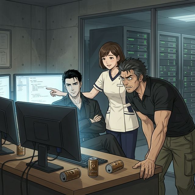 深夜のオフィスで、ドクターが書いたコードを食い入るように見つめる黒崎。ナナコがモニターを指し示しながら説明している