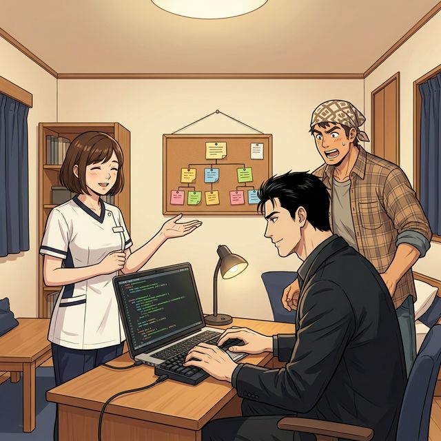 ナナコが壁のレシピ付箋を指しながら解説し、先生がコードを書き、タケルがコードと付箋の構造の一致に気づく瞬間