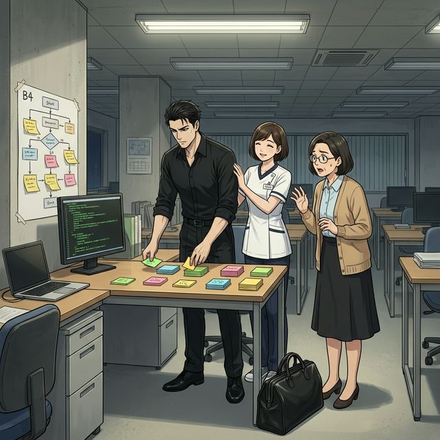 先生が付箋を5つの山に分類し、ナナコが見守る中、ヨリコが驚いている