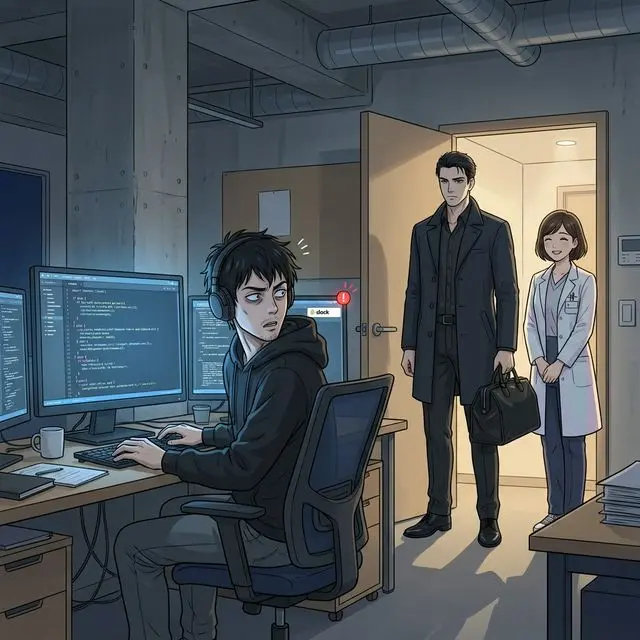 深夜のオフィスに現れたドクターとナナコ。黒い往診鞄を持つ長身の男と、パステルカラーの白衣を着た若い女性が、暗いオフィスの入口に立っている