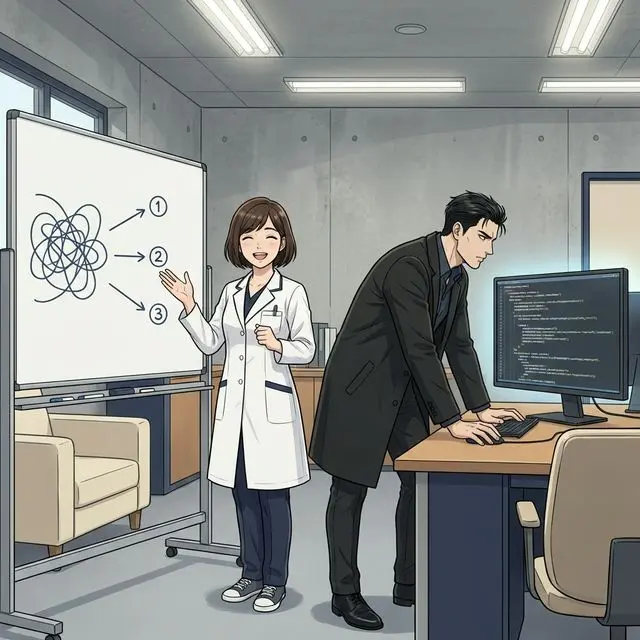 ナナコがホワイトボードに症状を書き出しながら説明するシーン。傍らでドクターがモニターを見つめている