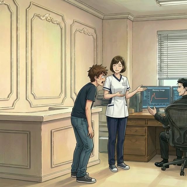 安定したメモリグラフを前に驚くタケルと、落ち着いた様子のドクターとナナコ