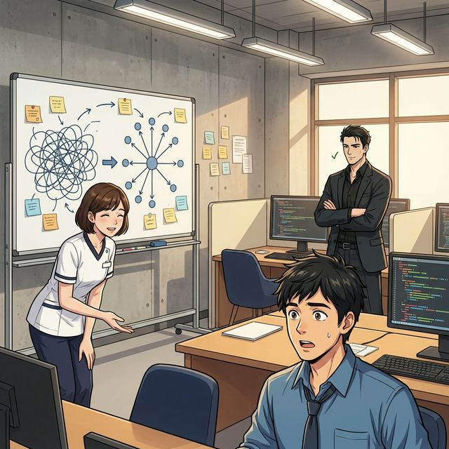 ナナコがホワイトボードのN×N依存図を指し示し、仲村が目を見開く瞬間。ドクターは腕を組んで静かに頷いている