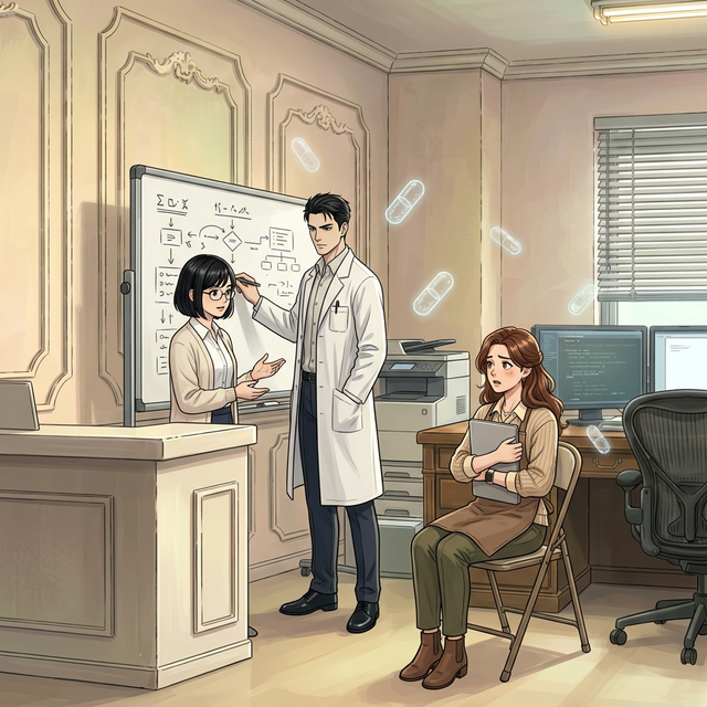 ホワイトボードの前で診断を告げる先生と、それを説明するナナコ、衝撃を受けてノートPCを抱えたまま固まる陽菜