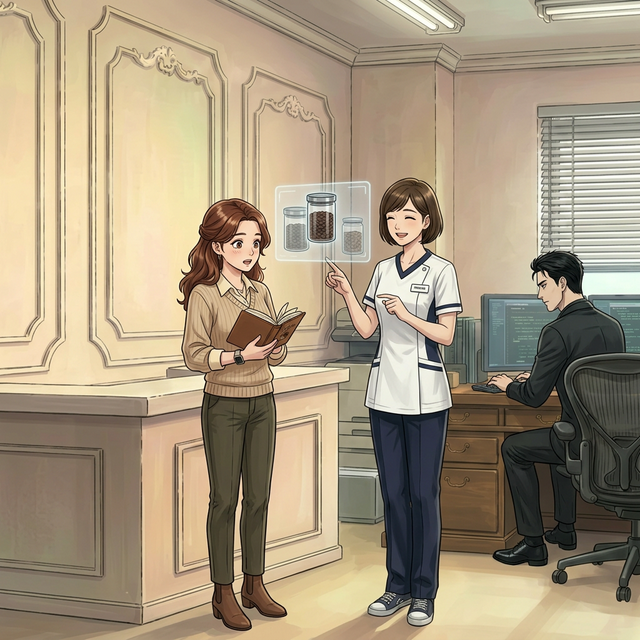 ドクターがコードを書く横で、豆の入った密閉キャニスターのホログラムをナナコから説明されて驚く陽菜