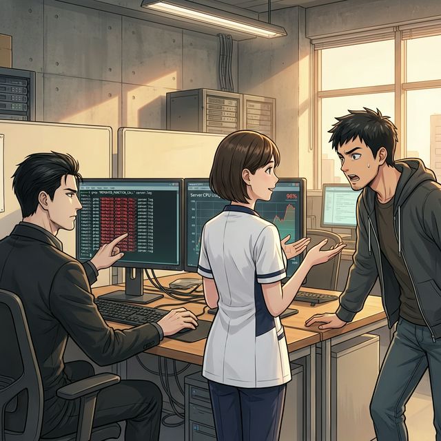 grepの結果を見て愕然とする矢嶋と、冷静に指し示すドクター、穏やかに解説するナナコ