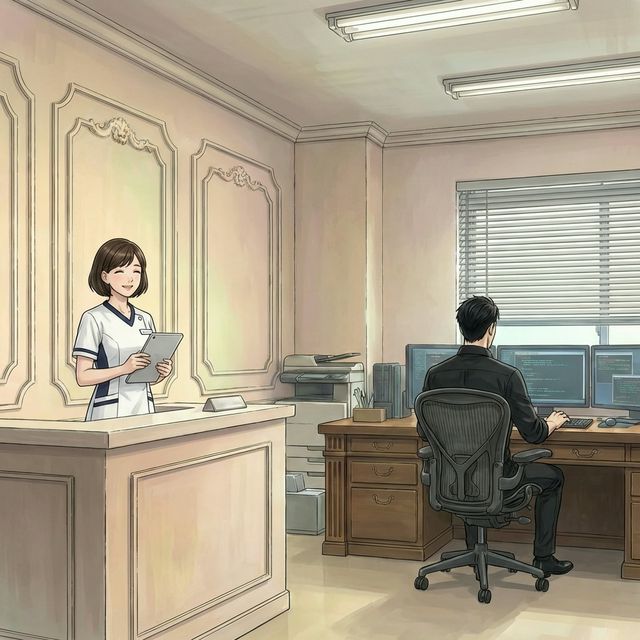 ナナコが出迎え、奥でドクターが作業中