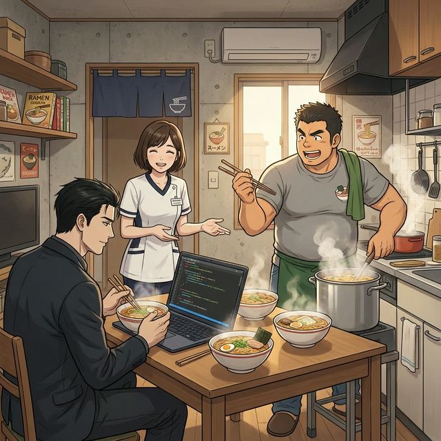 ラーメンを作りながらStateパターンを実演する麺田と、黙々とラーメンを食べるドクター、笑顔で見守るナナコ