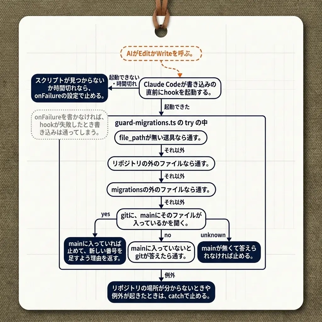 書き込み一回の判定の流れ図。橙の破線の札「AIがEditかWriteを呼ぶ。」から紺の札「Claude Codeが書き込みの直前にhookを起動する。」へ。起動できない・時間切れなら、紺で塗った「スクリプトが見つからないか時間切れなら、onFailureの設定で止める。」へ進み、その横に灰の点線の札「onFailureを書かなければ、hookが失敗したとき書き込みは通ってしまう。」が置かれている。起動できたら「guard-migrations.ts の try の中」の枠に入り、「file_pathが無い道具なら通す。」「リポジトリの外のファイルなら通す。」「migrationsの外のファイルなら通す。」を、それ以外の矢印で順にたどって「gitに、mainにそのファイルが入っているかを聞く。」に着く。yesなら紺で塗った「mainに入っていれば止めて、新しい番号を足すよう理由を返す。」、noなら「mainに入っていないとgitが答えたら通す。」、unknownなら紺で塗った「mainが無くて答えられなければ止める。」へ。枠からは例外の矢印が、紺で塗った「リポジトリの場所が分からないときや例外が起きたときは、catchで止める。」へ下りる