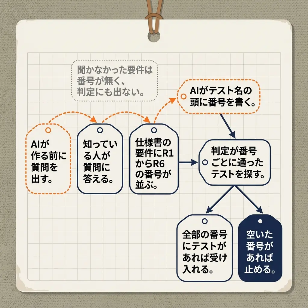 番号の流れ図。橙の破線の札「AIが作る前に質問を出す。」から、紺の札「知っている人が質問に答える。」、紺の札「仕様書の要件にR1からR6の番号が並ぶ。」へ橙の破線矢印が続き、そこから橙の破線の札「AIがテスト名の頭に番号を書く。」へ進む。仕様書の札とテスト名の札から紺の矢印が「判定が番号ごとに通ったテストを探す。」に集まり、「全部の番号にテストがあれば受け入れる。」と、紺で塗った「空いた番号があれば止める。」に分かれる。灰の点線の札「聞かなかった要件は番号が無く、判定にも出ない。」は、どこにもつながっていない