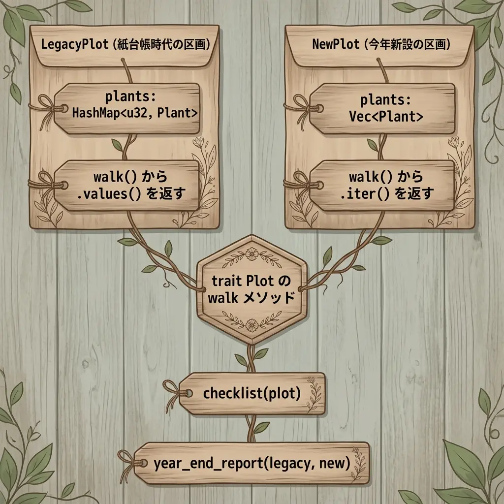 LegacyPlot(HashMap)とNewPlot(Vec)それぞれのwalkメソッドが、trait Plotのwalkという一点に収束し、checklistからyear_end_report(legacy, new)へつながる図