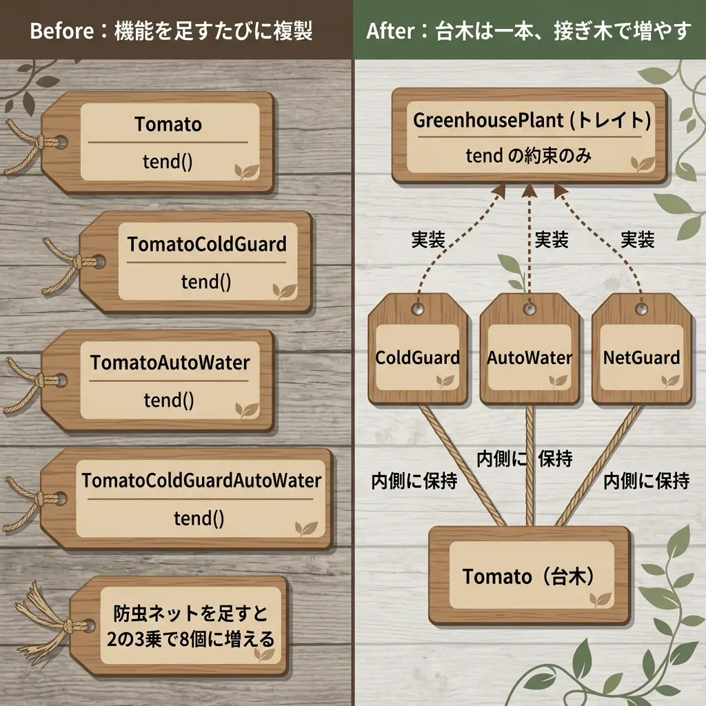Decoratorパターンの比較図。左側はBefore「機能を足すたびに複製」で、Tomato・TomatoColdGuard・TomatoAutoWater・TomatoColdGuardAutoWaterの4枚の種子袋カードが並び、防虫ネットを足すと2の3乗で8個に増えると記されている。右側はAfter「台木は一本、接ぎ木で増やす」で、GreenhousePlant(トレイト)の札を頂点に、ColdGuard・AutoWater・NetGuardの3枚の札が点線(実装)でトレイト札へ、実線の麻紐(内側に保持)でTomato(台木)札へ結ばれている