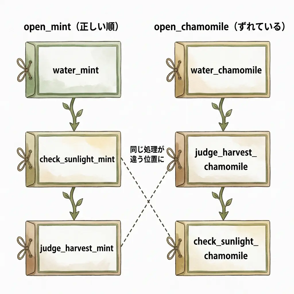 open_mintは水やり→日照確認→収穫判定の正しい順、open_chamomileは日照確認と収穫判定の順序が入れ替わっている比較図