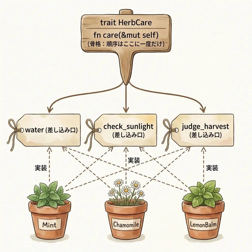 trait HerbCareのcare()が骨格として3つの差し込み口(water/check_sunlight/judge_harvest)へつながり、Mint・Chamomile・LemonBalmの3品種がそれぞれ実装する関係図
