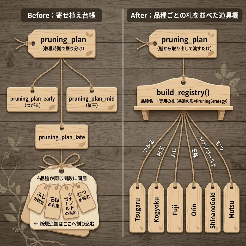 Beforeは寄せ植え台帳:pruning_planが収穫時期でpruning_plan_early・pruning_plan_mid・pruning_plan_lateに振り分けられ、pruning_plan_lateの中にふじ・王林・シナノゴールド・むつの4品種の判定が同居し新規追加はここへ割り込む。Afterは品種ごとの札を並べた道具棚:pruning_planがbuild_registry()を経由し、つがる・紅玉・ふじ・王林・シナノゴールド・むつそれぞれの専用札(Tsugaru・Kogyoku・Fuji・Orin・ShinanoGold・Mutsu)へ個別の紐で繋がる、という構造対比を木札と道具棚で示したインフォグラフィック