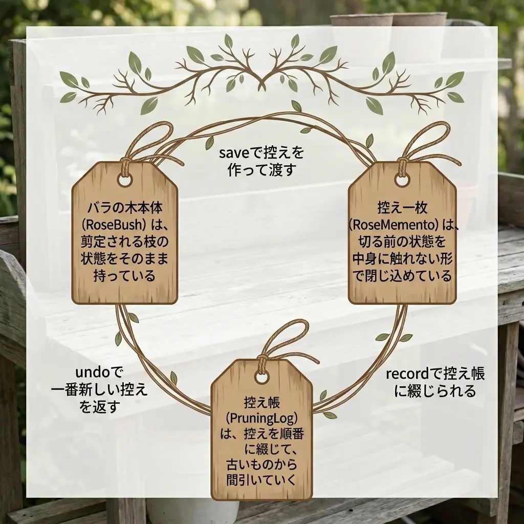 バラの木本体(RoseBush)が控え一枚(RoseMemento)をsaveで作って渡し、控え帳(PruningLog)がrecordで綴じ、undoで一番新しい控えを返す円環図