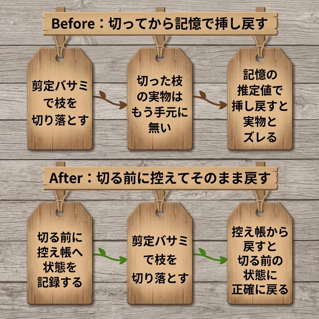 Beforeは切ってから記憶で挿し戻すため実物とズレることがあり、Afterは切る前に控えてそのまま正確に戻ってくることを示す上下対比図